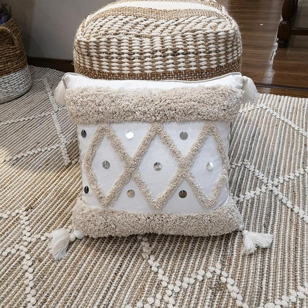 White Canvas Geometric Embroidery Pillow Cover with Sequin