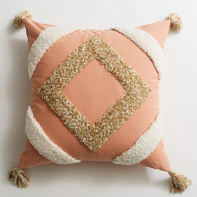 Pink Diamond Handmade Geometric Embroidery Pillow Cover Tassels