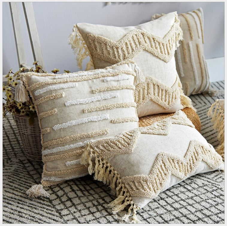 Beige Embroidery Cushion Cover with Tassel