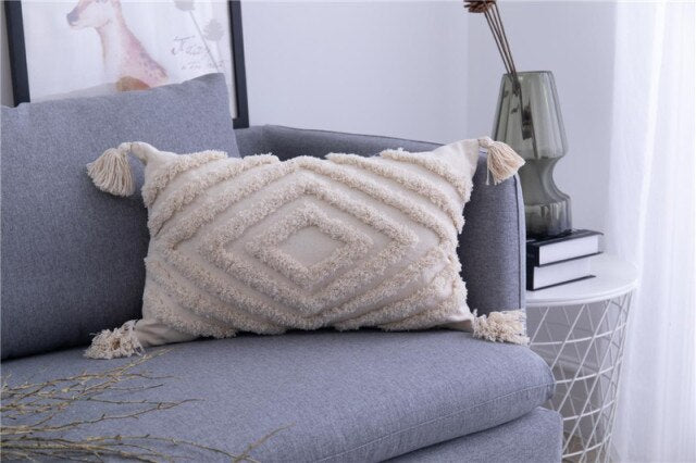 Beige Geometric Embroidery Pillow Cover with Tassels H