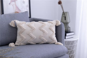 Beige Geometric Embroidery Pillow Cover with Tassels H