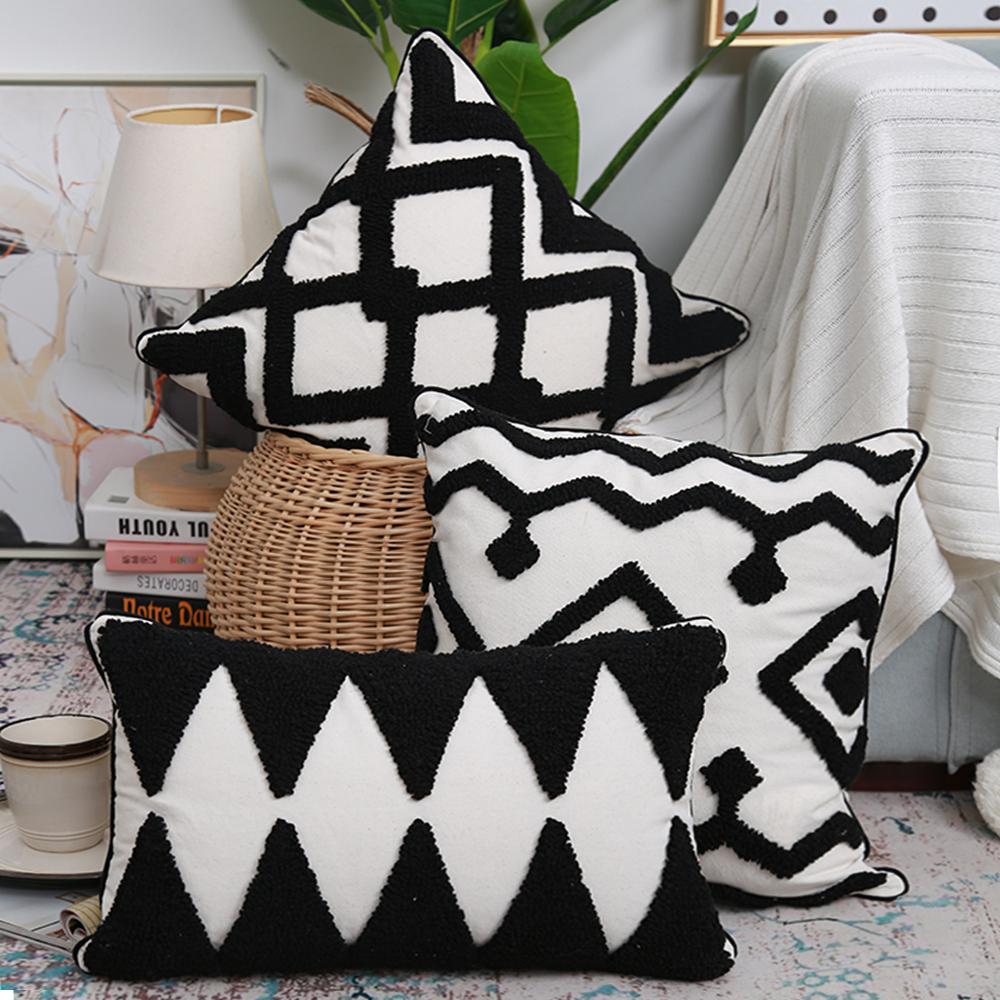 Black & White Geometric Embroidery Cushion Cover with Tassels