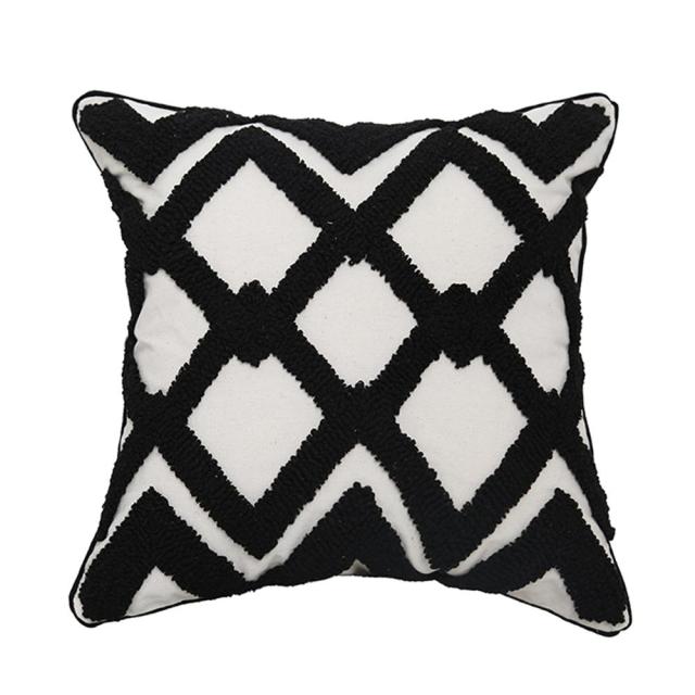 Black & White Geometric Embroidery Cushion Cover with Tassels
