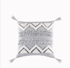 Grey Geometric Embroidery Cushion Cover with Tassels