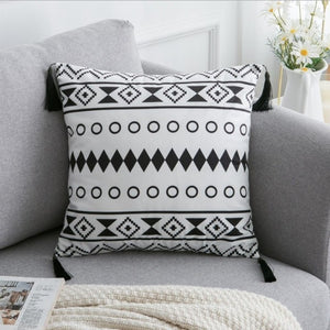 Black & White Geometric Pillow Cover with Tassels