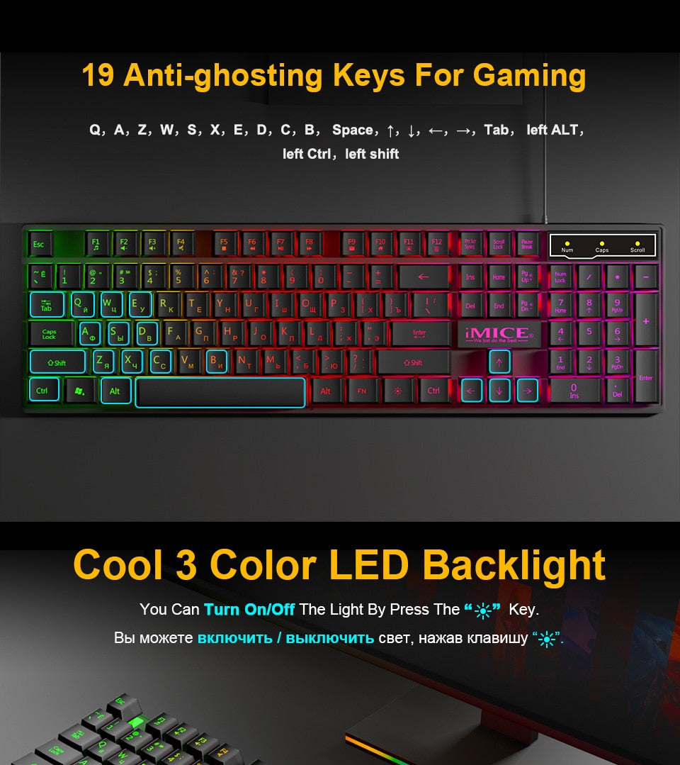 Wired Gaming Keyboard Mechanical Feeling Backlit USB 104 Keycaps Russian/English Keyboard Waterproof