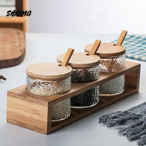 Hammer Glass, Bamboo and Wood Dressing Box Set for Household Kitchen, Seasoning Container Set