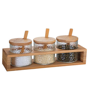 Hammer Glass, Bamboo and Wood Dressing Box Set for Household Kitchen, Seasoning Container Set