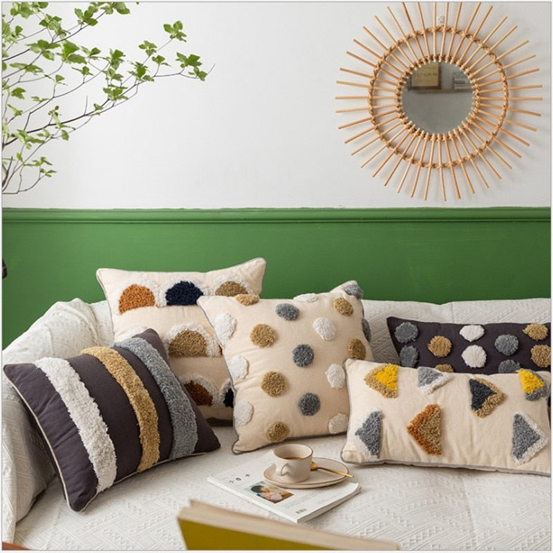 Beige Circle, Geometric Embroidery Pillow Cover