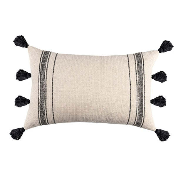 Black Beige Stripe Decorative Pillow Cover with Tassels